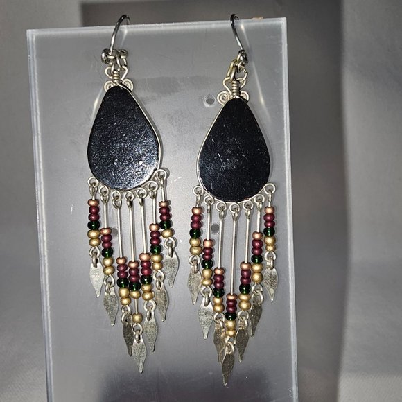 Southwestern Bead Dangle Earrings Silvertone - Picture 3 of 4